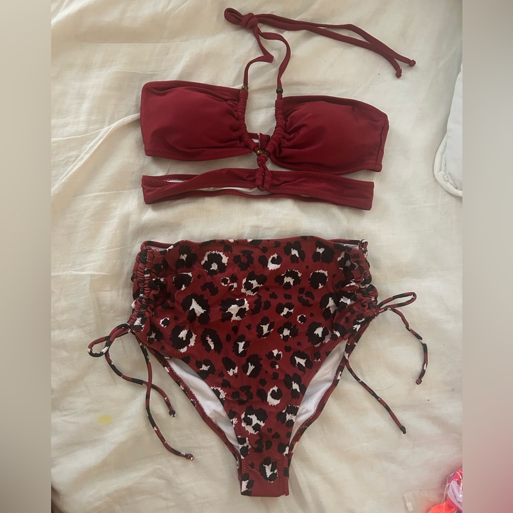 Wine Red Leopard Print Red Bikini Set